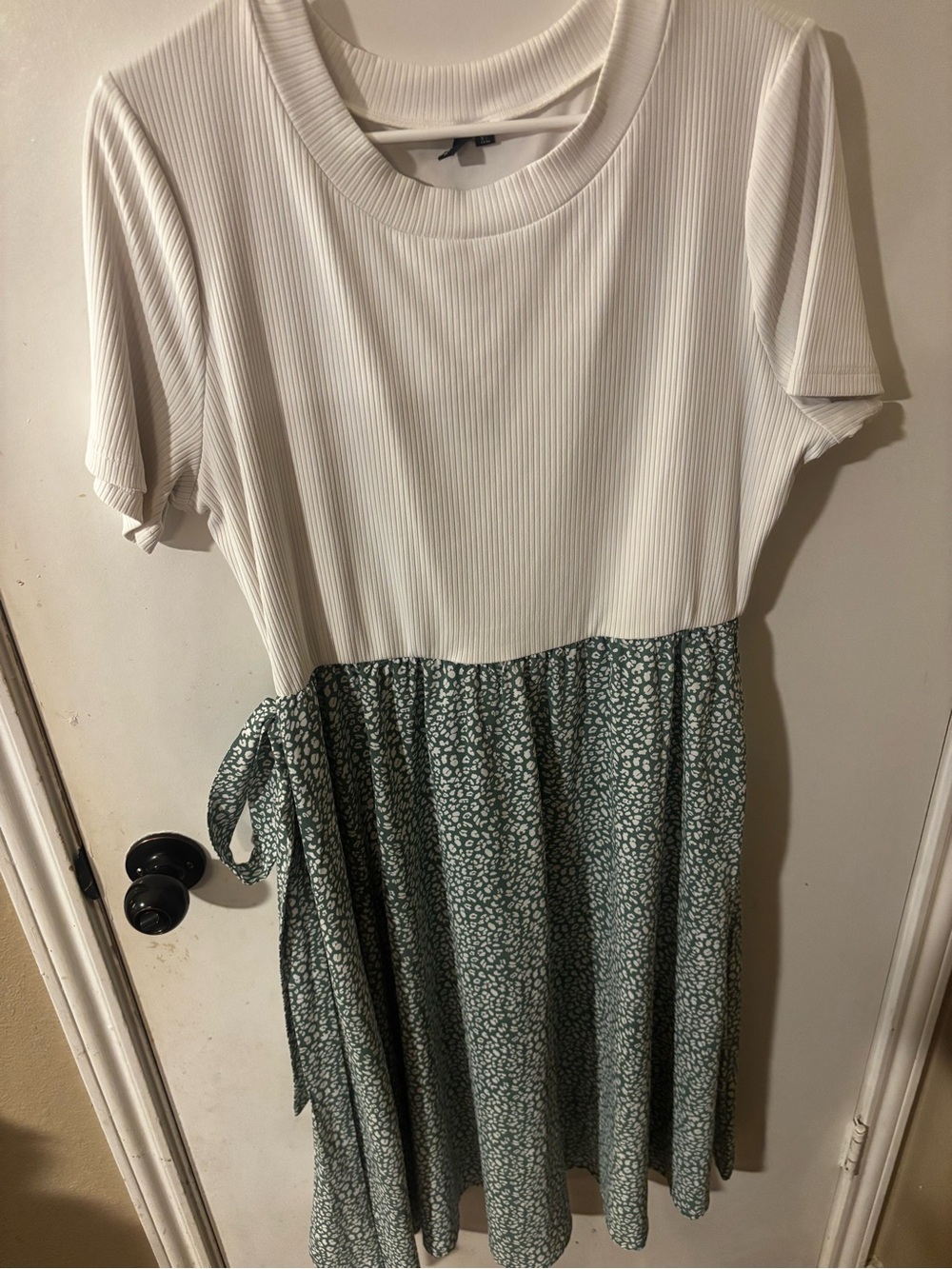 Cream Ribbed Top with Green Floral Midi Skirt w/pockets